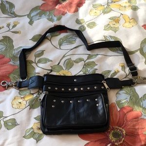 Black with stud faux leather belt bag.
